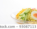 Chilled Chinese noodles _ horizontal photo _ three division composition _ white background _ cucumber front 93087113