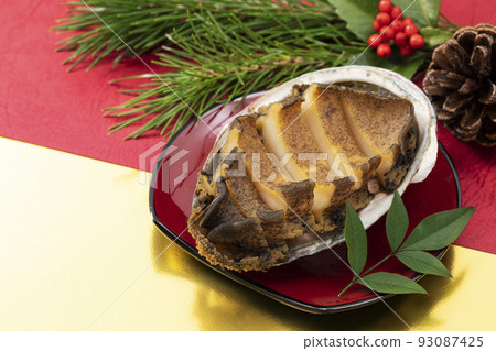 New Year dishes 5_sake steamed abalone with shell_background red, gold and pine 93087425