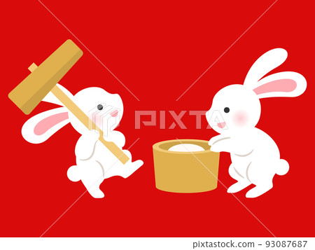 Illustration of a white rabbit making mochi 93087687