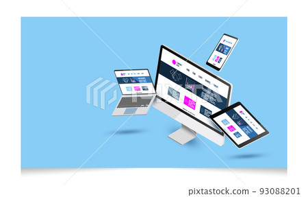3D Isometric computer responsive and web design development with pc, laptop, mobile phone and tablet vector illustration eps10 93088201
