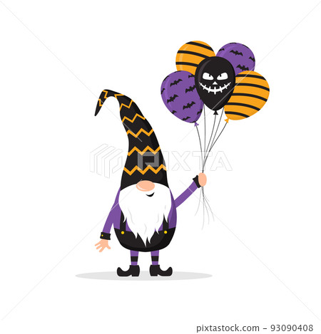 Halloween gnome. Cute scandinavian dwarf with balloons. Dwarf celebrate spooky night. Happy holiday poster. Vector illustration in flat cartoon style Halloween gnome. Cute scandinavian dwarf with balloons. Dwarf celebrate spooky night. Happy holiday poster. Vector illustration in flat cartoon style 93090408