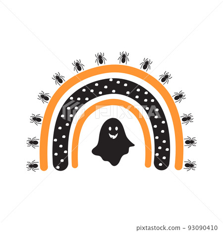 Halloween rainbow with ghost. Cute hand drawn icon for celebrating spooky night. Vector illustration in flat cartoon style. Design for poster, card or banner 93090410