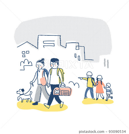Families and pets walking to an evacuation center 93090534