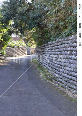 八丈島的一條道路兩旁是保護房屋的圓形石牆 93090606