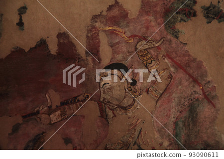 Mural painting inside Wat Phra Singh Buddhist temple in Chiang Mai, Thailand, old civil life, actor performing a battle dance on the stage of the theater 93090611