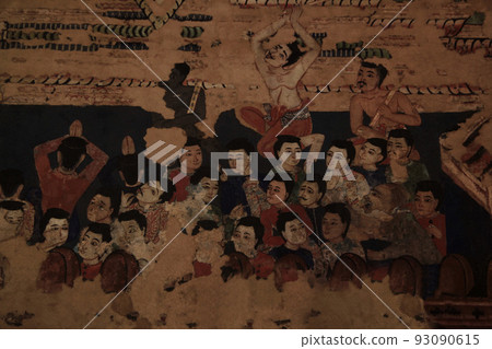 Mural inside Wat Phra Singh temple in Chiang Mai, Thailand, old civil life, people waiting outside the theater to open 93090615