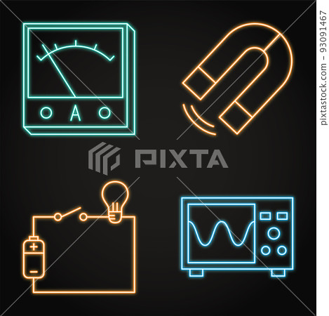 Physics neon icon set in line style Physics neon icon set in line style 93091467