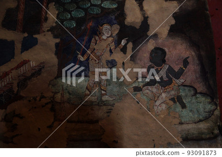 Wat Phra Singh temple in Chiang Mai, Thailand Mural paintings, old civic life, servants who tell the actors the turn at the festival theater 93091873