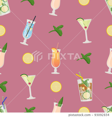 Summer alcoholic drinks seamless pattern, tropical cocktails. Flat vector illustration 93092834