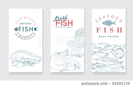 A collection of banners to advertise a fish shop or seafood market. A collection of banners to advertise a fish shop or seafood market. 93093139