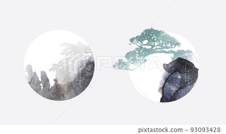 Japanese background with black and blue texture vector. Bonsai tree and brush stroke painting decorations in vintage style. Art landscape banner design. 93093428