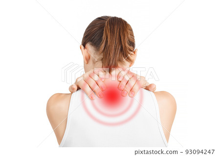 Spine of woman with neck pain. Young woman holding his neck in pain. 93094247