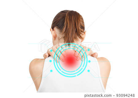 Spine of woman with neck pain. Young woman holding his neck in pain. Spine of woman with neck pain. Young woman holding his neck in pain. 93094248