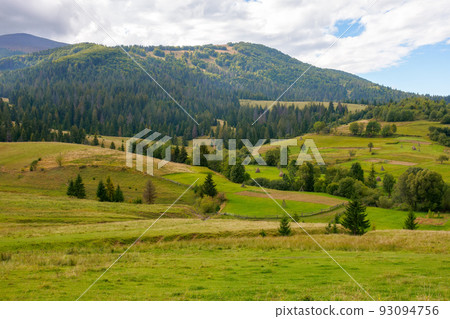 rural landscape in mountains. grassy pastures on the rolling hills near the forest. warm sunny day in autumn rural landscape in mountains. grassy pastures on the rolling hills near the forest. warm sunny day in autumn 93094756