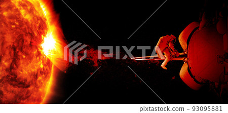 Astronaut and spaceship and sun background. Elements of this image furnished by NASA. 93095881