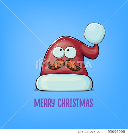 Vector cartoon Santa Claus red hat with smile face isolated on blue background. Childrens Merry Christmas greeting card with funny monster Santa hat. Santa red hat Vector cartoon Santa Claus red hat with smile face isolated on blue background. Childrens Merry Christmas greeting card with funny monster Santa hat. Santa red hat 93096006