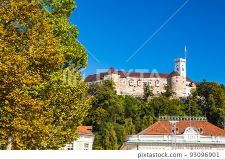Ljubljana Castle looking up from the city of Ljubljana, Slovenia Ljubljana Castle looking up from the city of Ljubljana, Slovenia 93096901