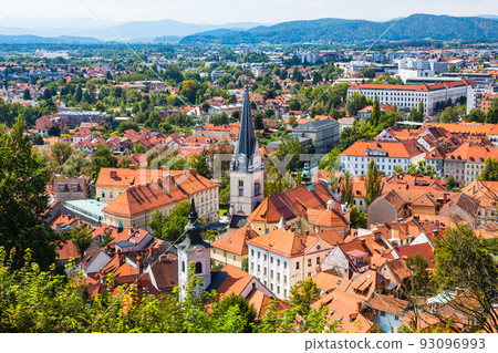 Slovenia Ljubljana Old Town cityscape and St. James Church seen from Ljubljana Castle Hill Slovenia Ljubljana Old Town cityscape and St. James Church seen from Ljubljana Castle Hill 93096993