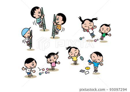 It is an illustration of Japanese children in the Showa era playing with nostalgic stilts and marbles. It is an illustration of Japanese children in the Showa era playing with nostalgic stilts and marbles. 93097294