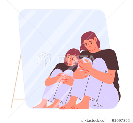 Adult reflected in mirror as child. Infantilism, immature psyche, or inner child. Adult reflected in mirror as child. Infantilism, immature psyche, or inner child. 93097893
