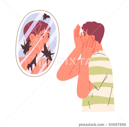 Man looks frightened into broken mirror 93097899