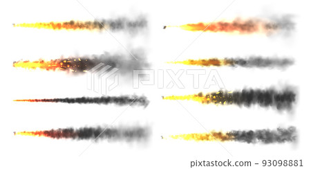 Realistic black smoke with fire, space rocket launch trails. Fire burst, explosion. Missile or bullet trail. Jet aircraft tracks. Smoke clouds, fog. Steam flow. Vector illustration 93098881
