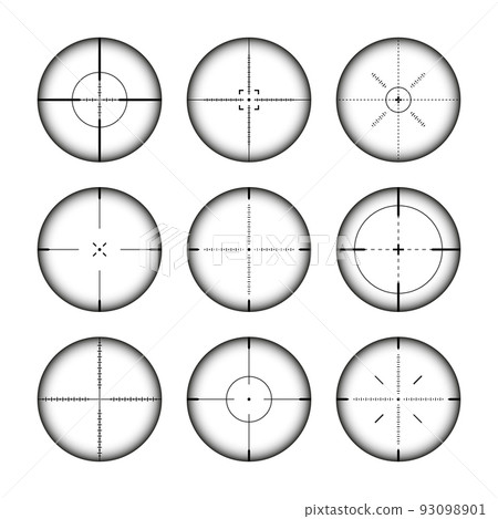 Various weapon sights, sniper rifle optical scopes. Hunting gun viewfinder with crosshair. Aim, shooting mark symbol. Military target sign, silhouette. Game interface UI element. Vector illustration Various weapon sights, sniper rifle optical scopes. Hunting gun viewfinder with crosshair. Aim, shooting mark symbol. Military target sign, silhouette. Game interface UI element. Vector illustration 93098901