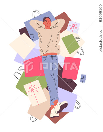 Man lies contentedly on shopping bags 93099160