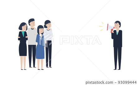 一個商人宣布使用揚聲器和聽它的人的插圖素材 93099444