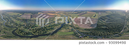 Drone spherical panorama of summer sunset river Ros landscape, Ukraine. Drone spherical panorama of summer sunset river Ros landscape, Ukraine. 93099498