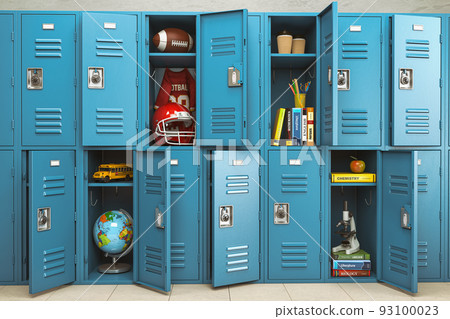 School lockers with items, equipments and accessoires for education. Back to school. 93100023