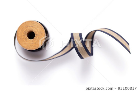 Spool with ribbon isolated on white background, top view. Sewing ribbon roll Spool with ribbon isolated on white background, top view. Sewing ribbon roll 93100817