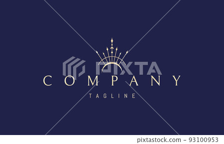 Vector golden logo on which an abstract image of the alchemical symbol of the moon with arrows emanating from it. 93100953