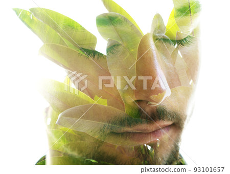 Double exposure portrait of man in a meditative state. Double exposure portrait of man in a meditative state. 93101657