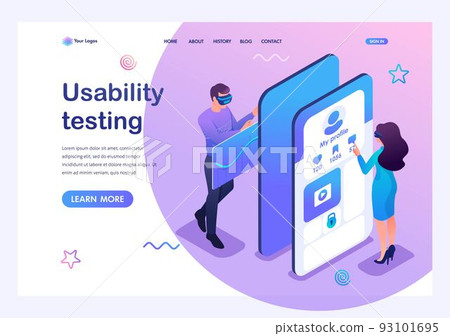 Isometric concept young people in virtual glasses are testing a mobile application for alternative reality and social networks. Template landing page for website 93101695