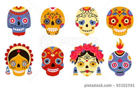 Dead day skulls. Sugar scary skull dia de los muertos. Mexico cartoon totem logo in hat and flower wreaths. Mexican festival nowaday spooky vector elements 93102591