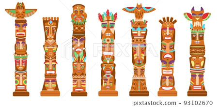 Mask totem poles. Hawaii tiki totems, ancient mythological symbols indigenous americans. Tribal masks, cartoon native indian decent vector sculptures 93102670