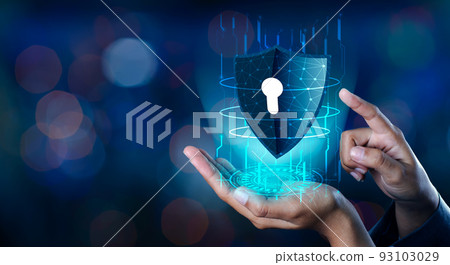 shield with key inside on blue background The concept of cybersecurity the Internet 93103029