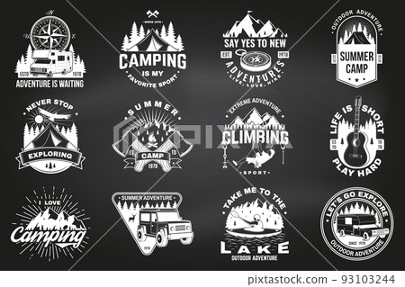Set of camping badges design on chalkboard. Vector illustration. Vintage typography design with man in canoe, guitar, climber, mountain, axe, lake, compass, camper rv , tent and forest silhouette. 93103244