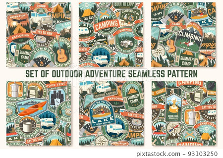 Set of Summer camp colorful seamless pattern with travel inspirational quotes. Vector. Background, wallpaper, seamless pattern with guitar, camping climber, tent, mountain and forest silhouette. Set of Summer camp colorful seamless pattern with travel inspirational quotes. Vector. Background, wallpaper, seamless pattern with guitar, camping climber, tent, mountain and forest silhouette. 93103250