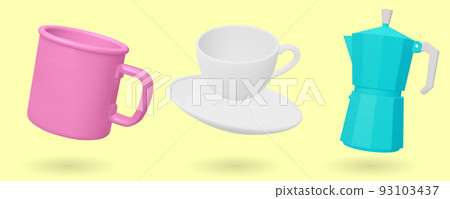 Set of coffee maker, camping mug and cup isolated on blue background. 3D render Vector illustration. 93103437