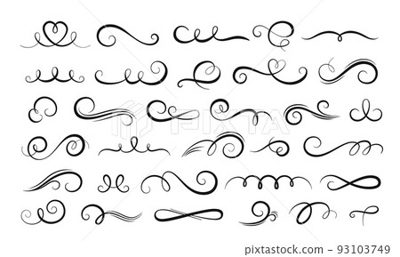 Calligraphic swirls dividers and outline swashes borders. Ornament filigree swirled lines hand design. Rustic flourish decorations racy vector set Calligraphic swirls dividers and outline swashes borders. Ornament filigree swirled lines hand design. Rustic flourish decorations racy vector set 93103749