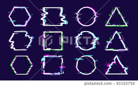Glitch effect frame. Light tv bug, dance geometric shapes and digital ring. Abstract neon circles, triangles and squares. Art future technology racy vector elements 93103750