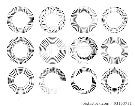 Speed lines circle frames. Round swirl and curves movement spiral symbols. Modern dots halftone abstract elements, radial racy vector logo design Speed lines circle frames. Round swirl and curves movement spiral symbols. Modern dots halftone abstract elements, radial racy vector logo design 93103751