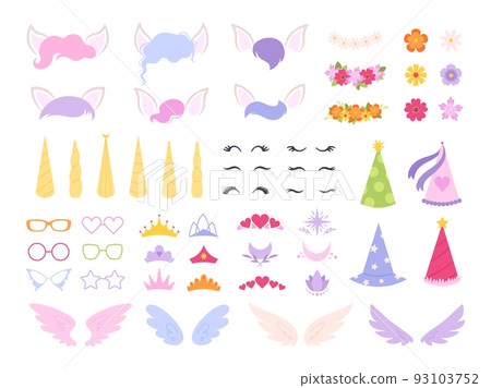 Cartoon unicorn constructor. Unicorns horns, party eyelashes and color hair bundle. Cute pony mask and sticker elements. Racy girly prints diy vector clipart Cartoon unicorn constructor. Unicorns horns, party eyelashes and color hair bundle. Cute pony mask and sticker elements. Racy girly prints diy vector clipart 93103752