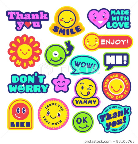 Trendy happy stickers, hippie positive vibe patch. Hipster geek funny badges in 90s style. Thank you and enjoy, acidity psychedelic smile faces tidy vector elements Trendy happy stickers, hippie positive vibe patch. Hipster geek funny badges in 90s style. Thank you and enjoy, acidity psychedelic smile faces tidy vector elements 93103763