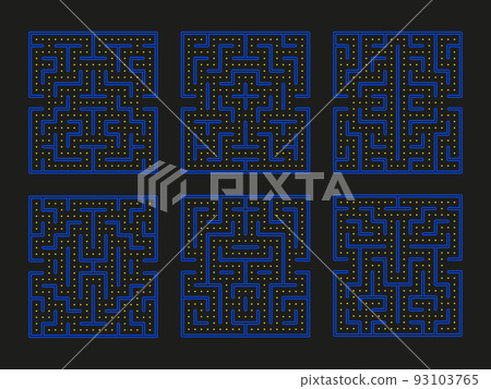 Arcade games maze location. Vintage video game labyrinth concept. Puzzle entertainment with yellow steins, retro rebus. Goal achievements tidy vector concept 93103765
