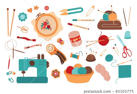 Knitting threads tools. Wool rolls, crochet and knit craft hobby. Handcrafted accessories, basket with yarn and embroidery. Handicraft classy vector set Knitting threads tools. Wool rolls, crochet and knit craft hobby. Handcrafted accessories, basket with yarn and embroidery. Handicraft classy vector set 93103775