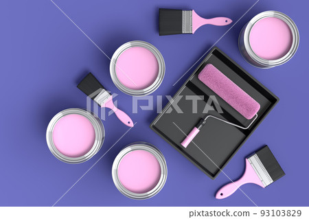 Set of metal cans or buckets with paint roller and tray on violet background. Set of metal cans or buckets with paint roller and tray on violet background. 93103829