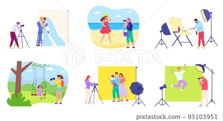 Photographers and models. Photographer shoot model poses on street or studio, wedding cameraman paparazzi photo session film backstage 93103951